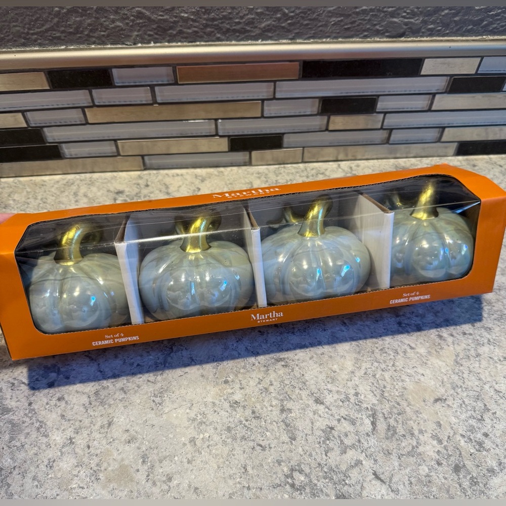 Martha Stewart Light Blue Ceramic Pumpkin Set with Gold Stems